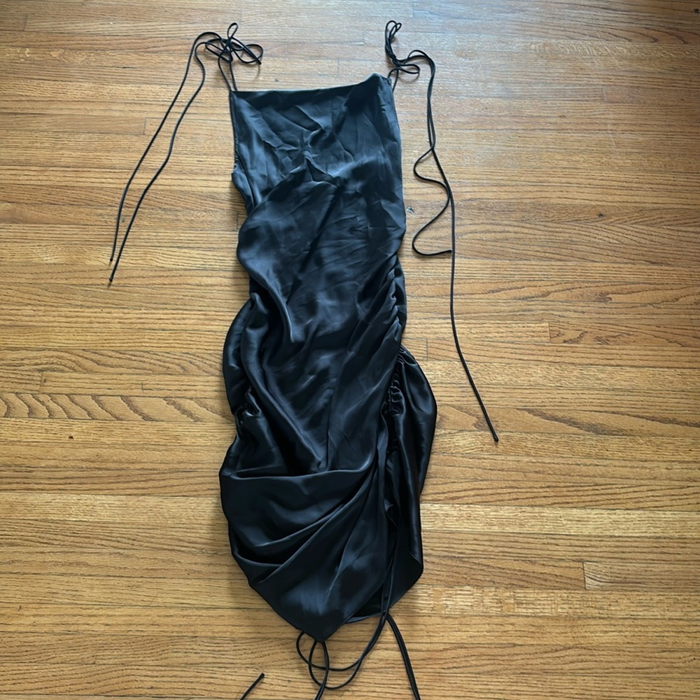 Ruched side black mini dress